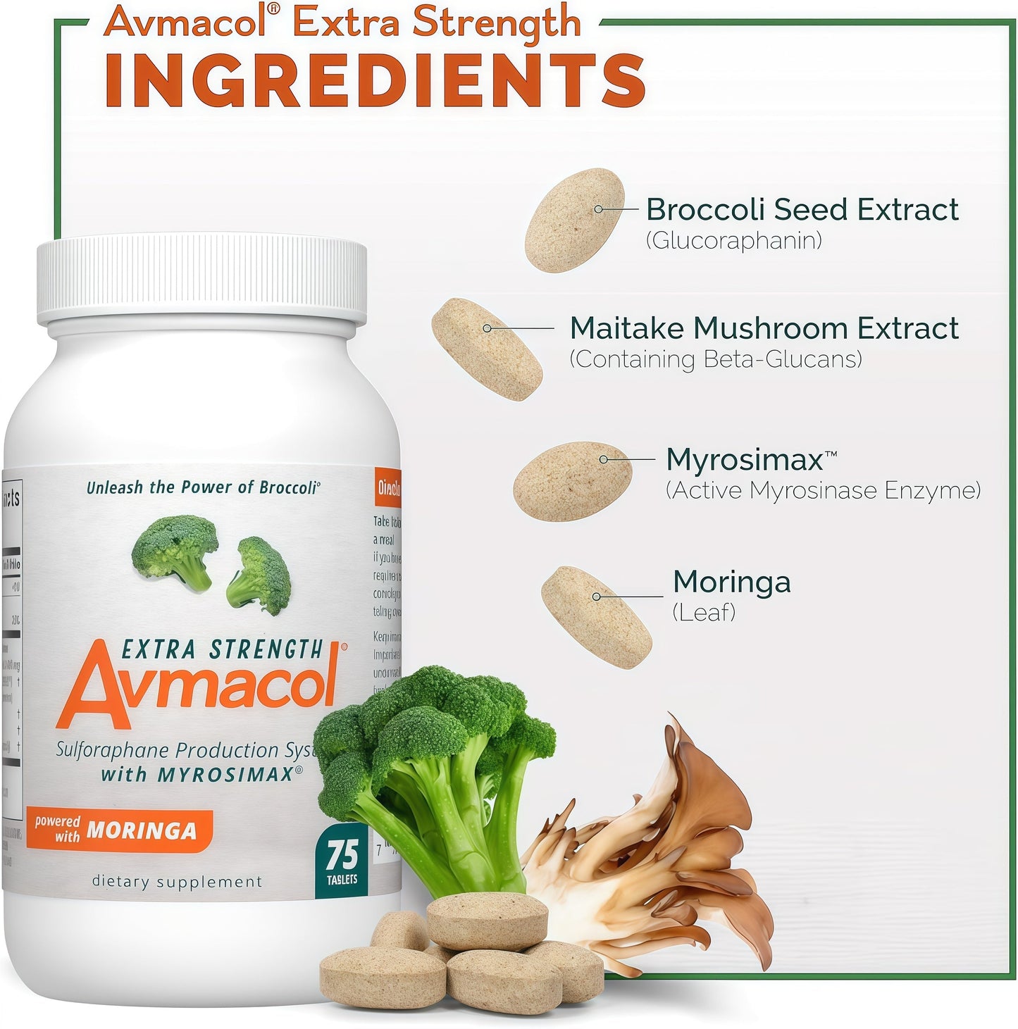 Nutramax Laboratories Avmacol Extra Strength #1 Researched Sulforaphane-Producing Brand for Detoxification with Glucoraphanin and Active Myrosinase, Immune Health, Adults & Children, 75 Tablets